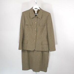 Casual Corner Womens Plaid Blazer Skirt Suit Set Size 14 Brown Blue Wool Blend‎